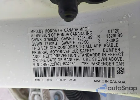 2020 Honda Civic Sport из США, поврежденный, VIN 2HGFC2F87LH532180